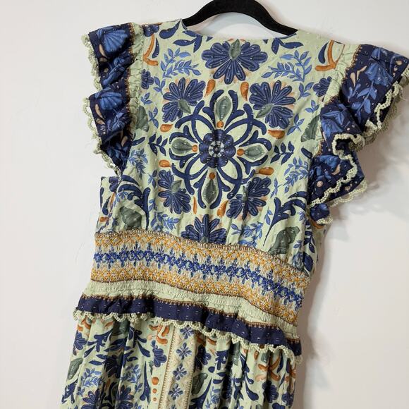 Farm Rio Women's Ocean Tapestry Maxi Dress Smocked V Neck Ruffle Printed Large - Picture 12 of 13
